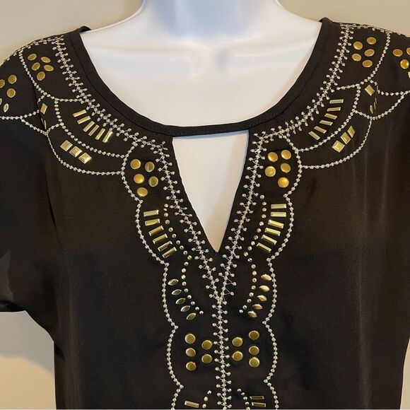Mi Ami Black Chiffon Blouse w/ Gold Embellishments S - Picture 2 of 13